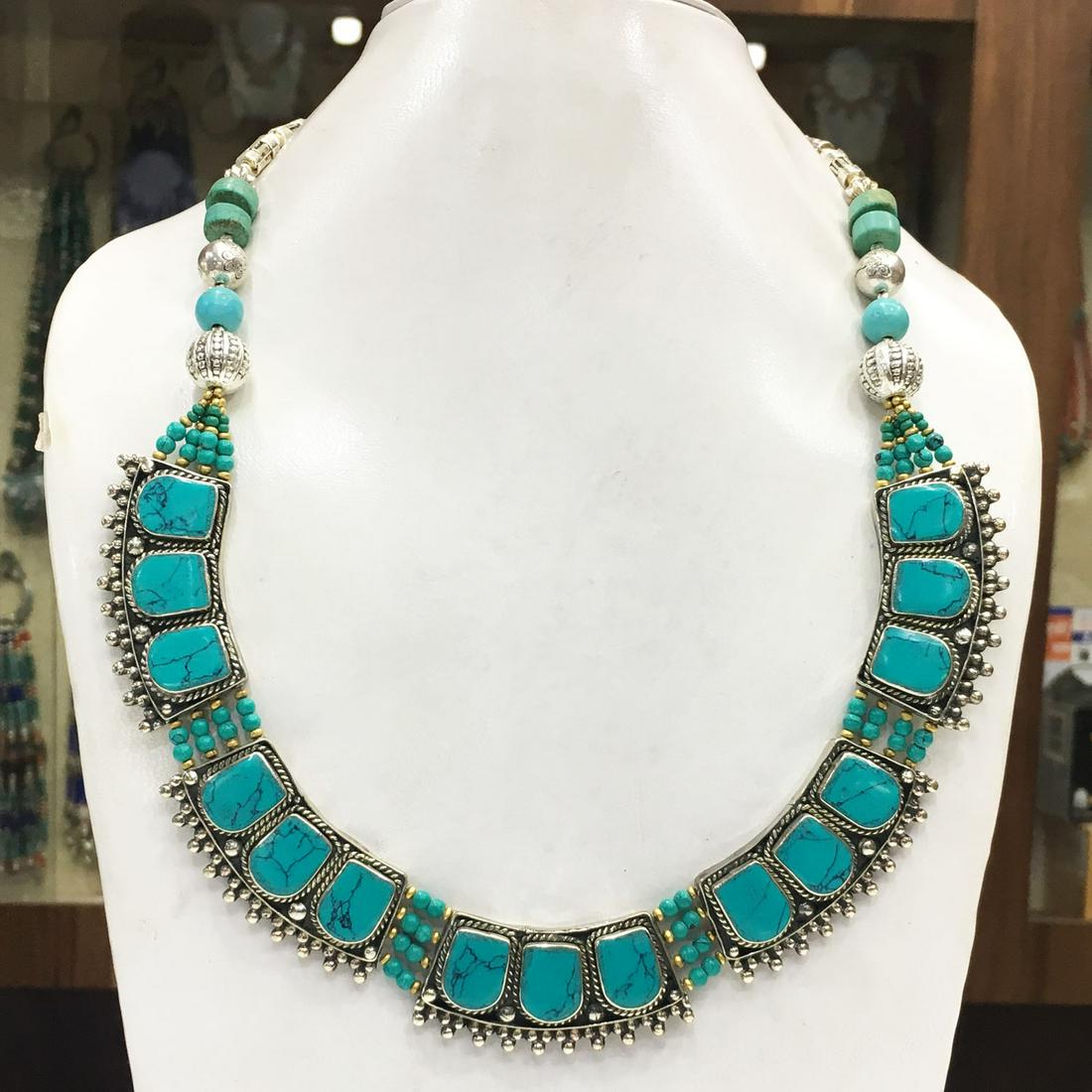 Tibetan Turquoise Handmade Chokar Ethnic Necklace: Tibet Natural Stone Hand Made Turquoise, Coral & Lapis Necklace......This elegant Necklace was handcrafted in Tibet, the home of exquisite jewelry craftsmanship. It was skillfully made with large natu
