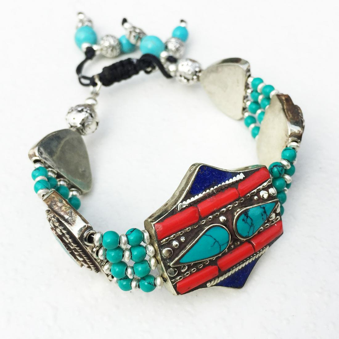 Tibetan Turquoise & Amber Handmade Statement Bracelet (1 of 2)