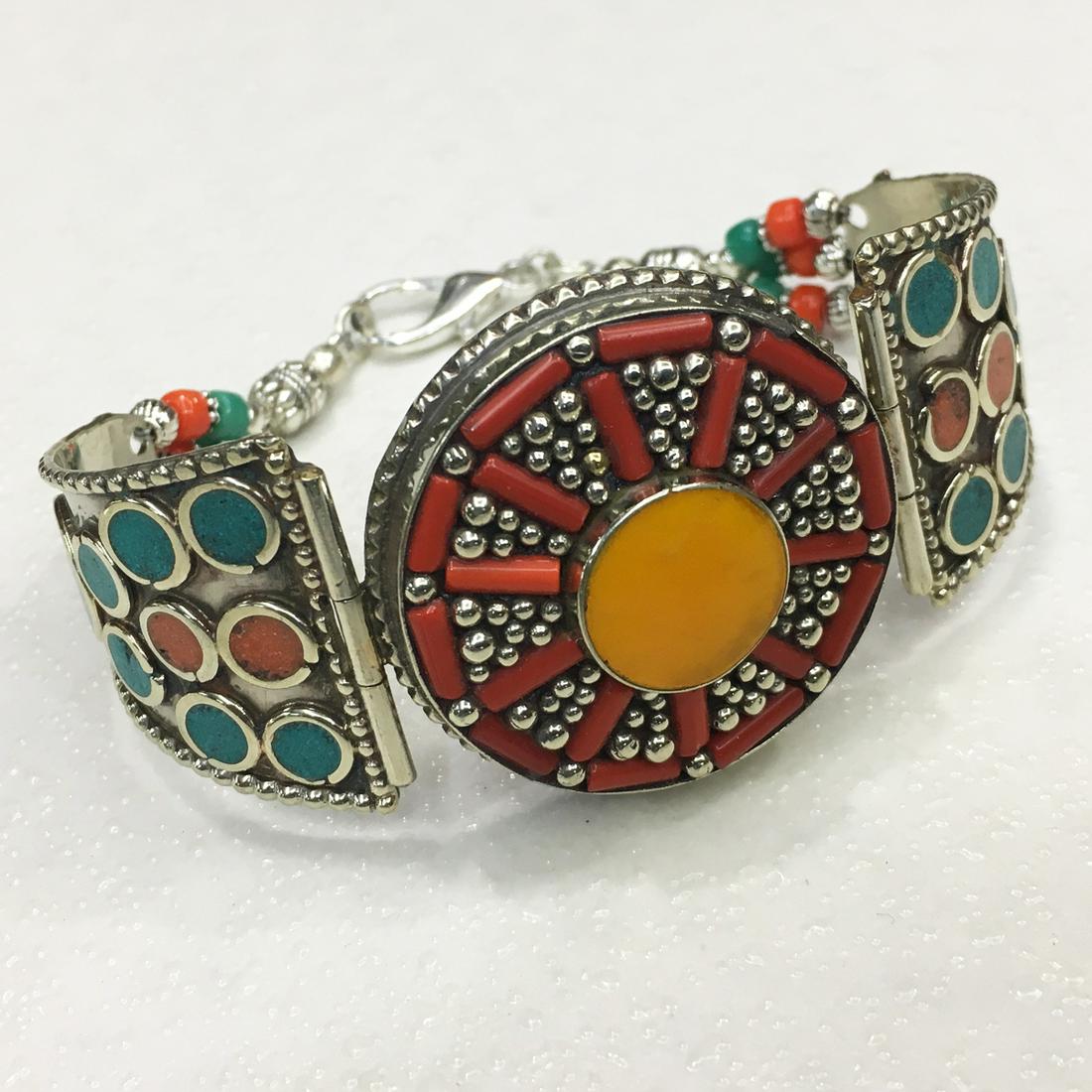 Tibetan Turquoise & Amber Handmade Statement Bracelet (1 of 2)