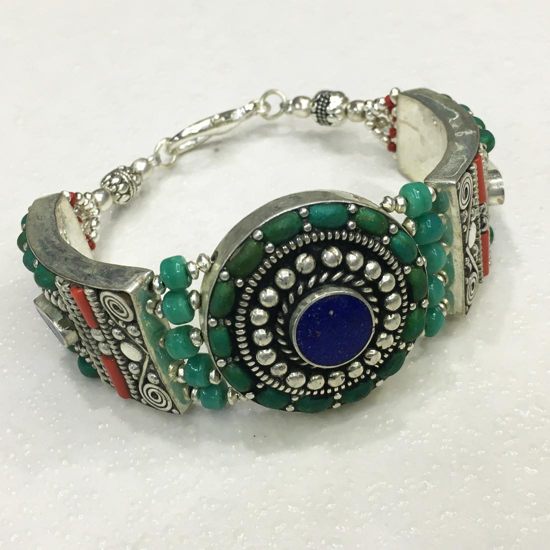 Tibetan Turquoise & Lapis Handmade Statement Bracelet (1 of 2)