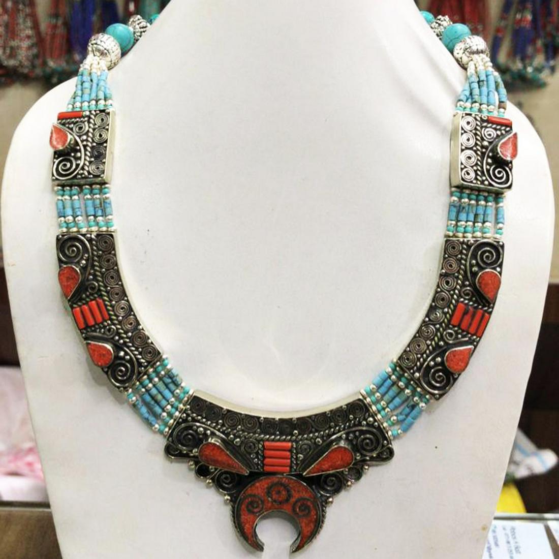 Tibetan Natural Turquoise Handmade Chokar Necklace: Tibet Natural Stone Hand Made Turquoise, Coral & Lapis Necklace......This elegant Necklace was handcrafted in Tibet, the home of exquisite jewelry craftsmanship. It was skillfully made with large natu