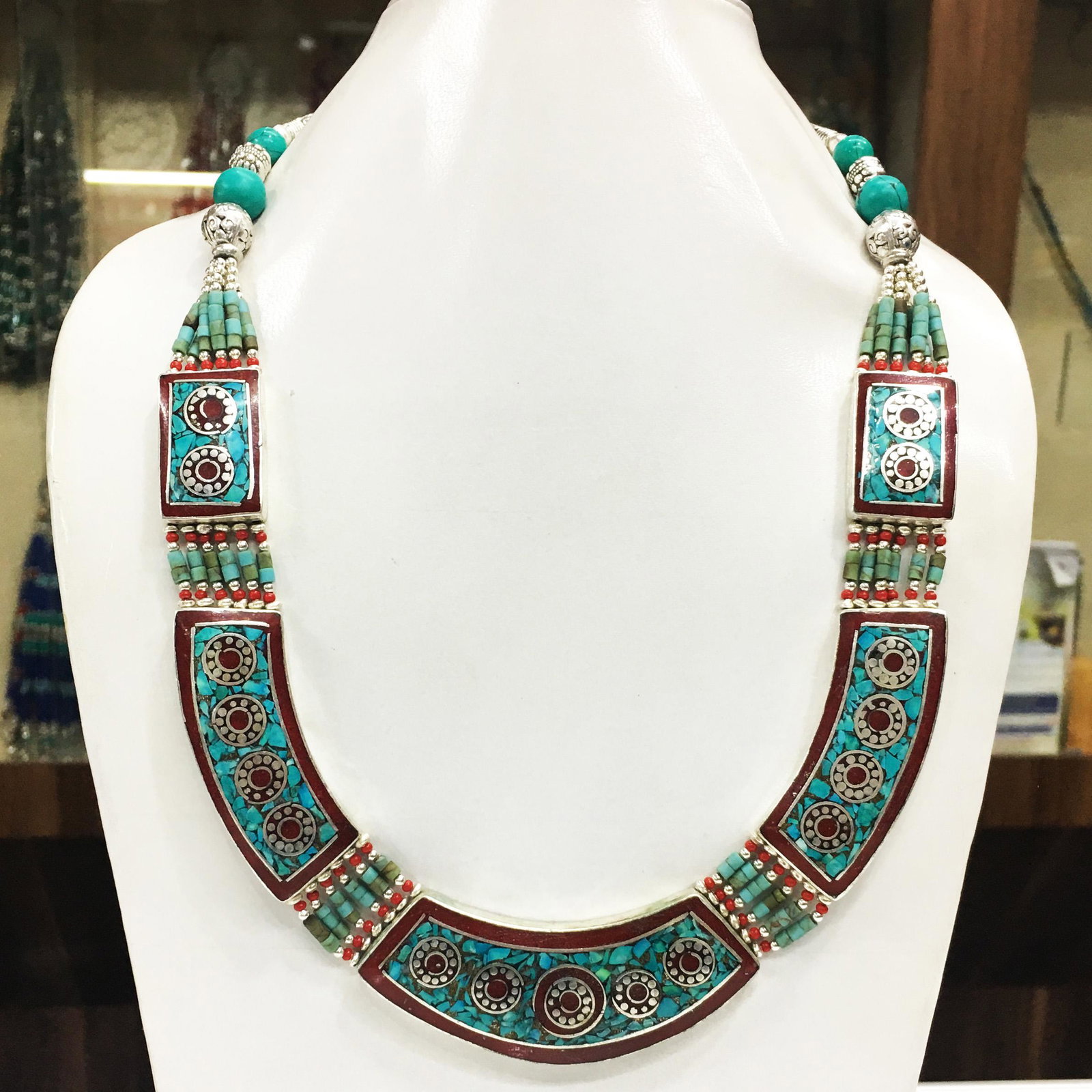 Tibetan Turquoise & Coral Handmade Chokar Necklace: Tibet Natural Stone Hand Made Turquoise, Coral & Lapis Necklace......This elegant Necklace was handcrafted in Tibet, the home of exquisite jewelry craftsmanship. It was skillfully made with large natu