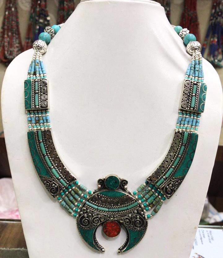 Natural Turquoise Handmade Ethnic Tibetan Necklace: Tibet Natural Stone Hand Made Turquoise, Coral & Lapis Necklace......This elegant Necklace was handcrafted in Tibet, the home of exquisite jewelry craftsmanship. It was skillfully made with large natu