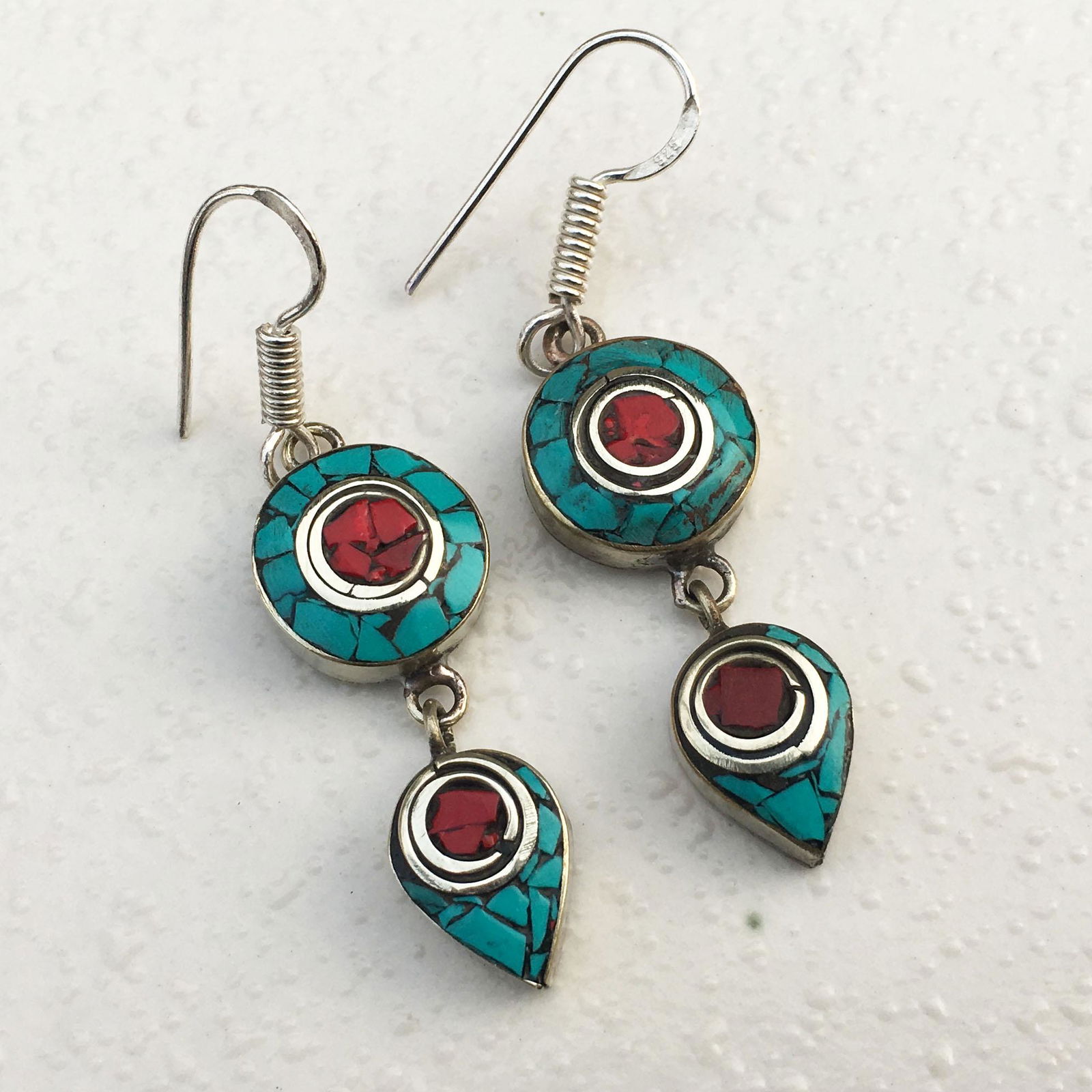 Natural Turquoise & Coral Handmade Ethnic Earrings (1 of 1)