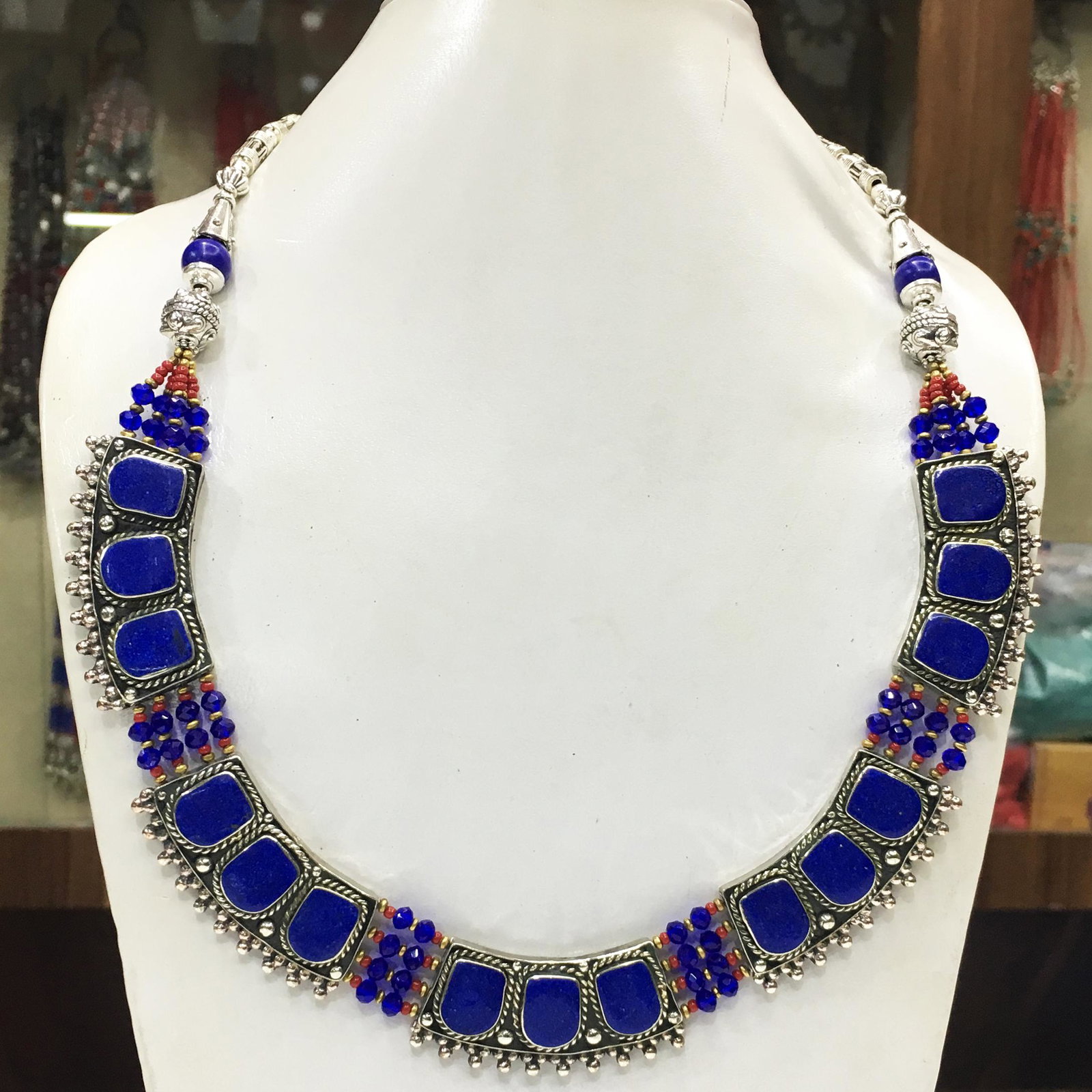 Natural Afgani Lapis Handmade Chokar Necklace: Tibet Natural Stone Hand Made Turquoise, Coral & Lapis Necklace......This elegant Necklace was handcrafted in Tibet, the home of exquisite jewelry craftsmanship. It was skillfully made with large natu