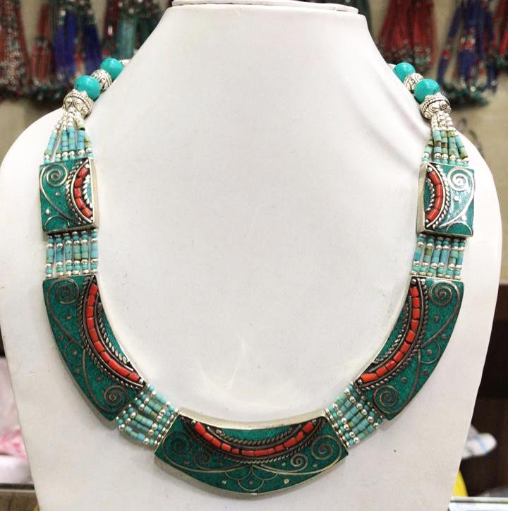 Natural Turquoise & Coral Handmade Chokar Necklace: Tibet Natural Stone Hand Made Turquoise, Coral & Lapis Necklace......This elegant Necklace was handcrafted in Tibet, the home of exquisite jewelry craftsmanship. It was skillfully made with large natu