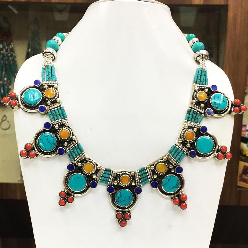 Natural Turquoise & Amber Handmade Chokar Necklace: Tibet Natural Stone Hand Made Turquoise, Coral & Lapis Necklace......This elegant Necklace was handcrafted in Tibet, the home of exquisite jewelry craftsmanship. It was skillfully made with large natu