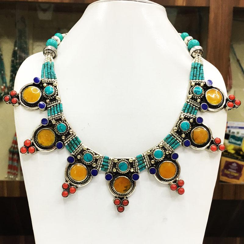 Natural Turquoise & Amber Handmade Chokar Necklace: Tibet Natural Stone Hand Made Turquoise, Coral & Lapis Necklace......This elegant Necklace was handcrafted in Tibet, the home of exquisite jewelry craftsmanship. It was skillfully made with large natu