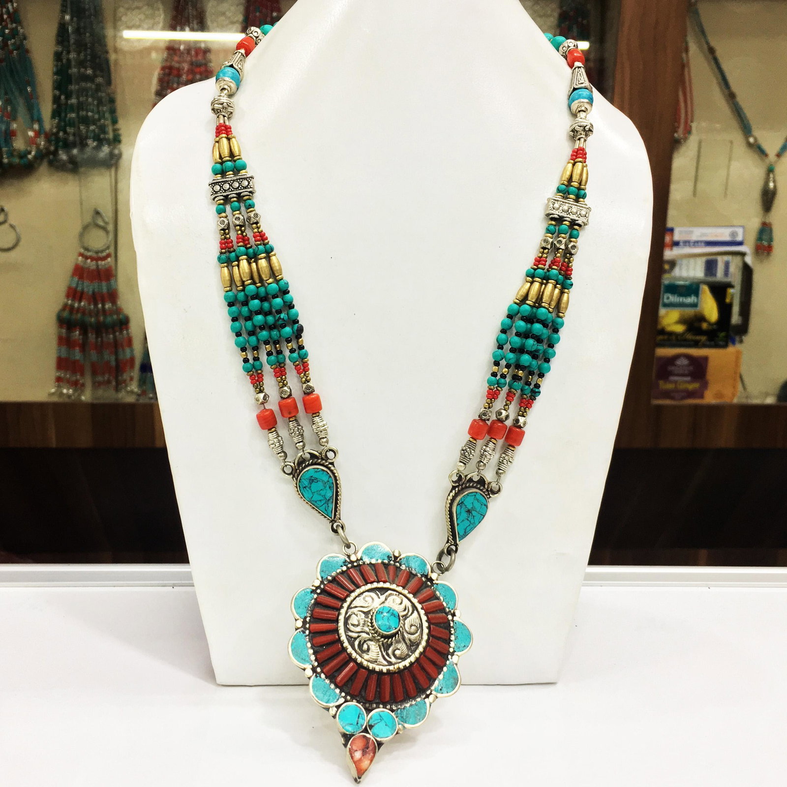 Natural Turquoise & Coral Handmade Ethnic Long Necklace: Tibet Natural Stone Hand Made Turquoise, Coral & Lapis Necklace......This elegant Necklace was handcrafted in Tibet, the home of exquisite jewelry craftsmanship. It was skillfully made with large natu