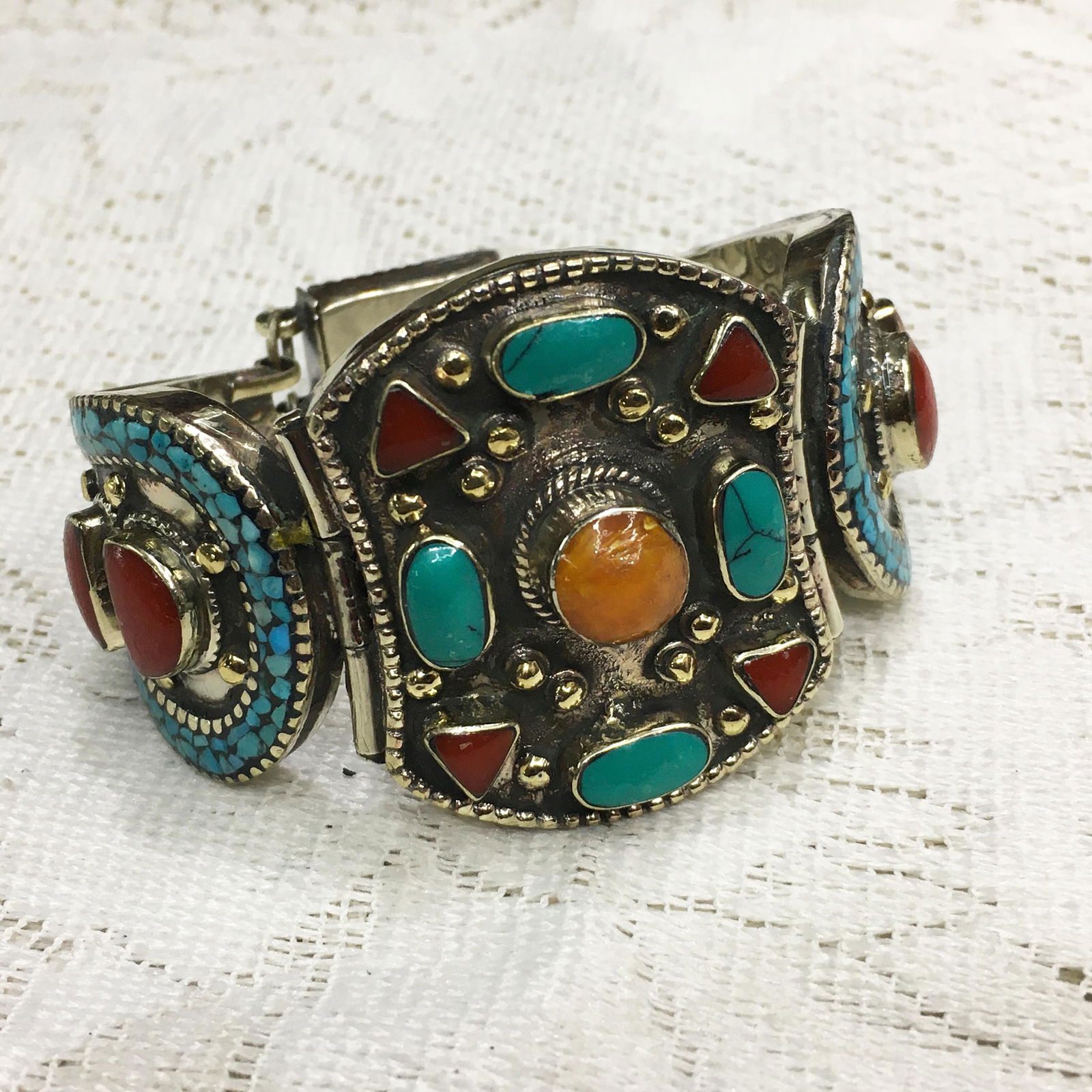 Turquoise, Amber & Coral Tibetan Boho Handmade Bangle (1 of 3)