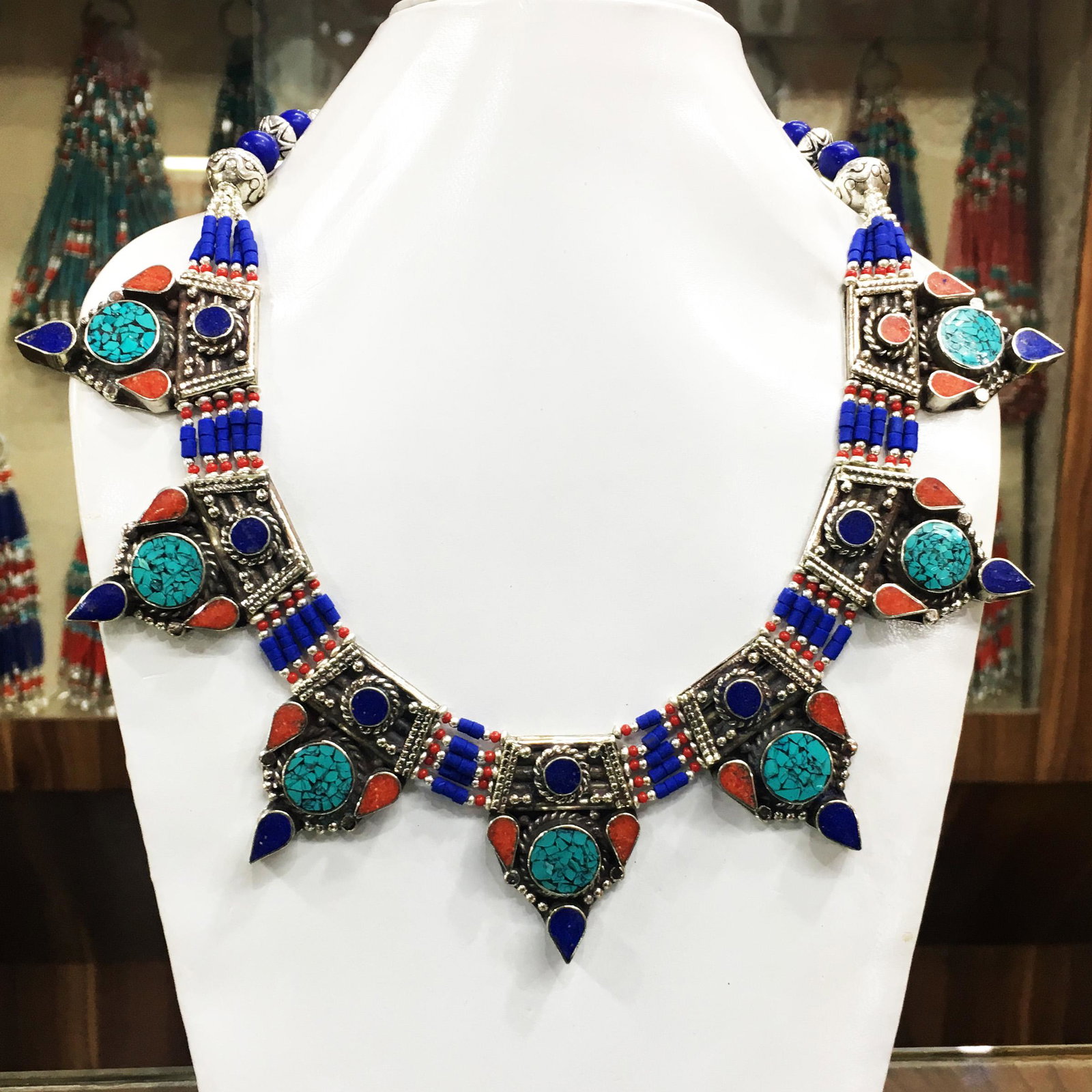 Natural Turquoise & Lapis Handmade Chokar Necklace: Tibet Natural Stone Hand Made Turquoise, Coral & Lapis Necklace......This elegant Necklace was handcrafted in Tibet, the home of exquisite jewelry craftsmanship. It was skillfully made with large natu