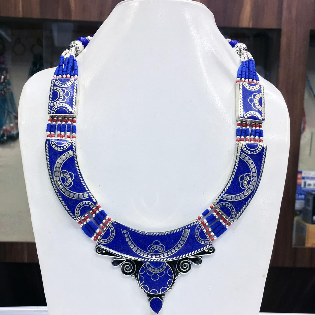 Tibetan Lapis Handmade Chokar Necklace: Tibet Natural Stone Hand Made Turquoise, Coral & Lapis Necklace......This elegant Necklace was handcrafted in Tibet, the home of exquisite jewelry craftsmanship. It was skillfully made with large natu