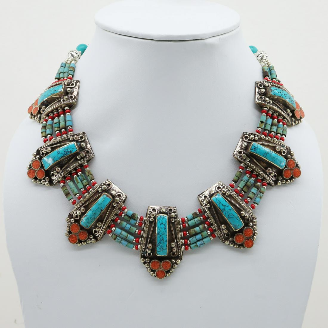 Tibetan Natural Turquoise Handmade Chokar Necklace: Tibet Natural Stone Hand Made Turquoise, Coral & Lapis Necklace......This elegant Necklace was handcrafted in Tibet, the home of exquisite jewelry craftsmanship. It was skillfully made with large natu