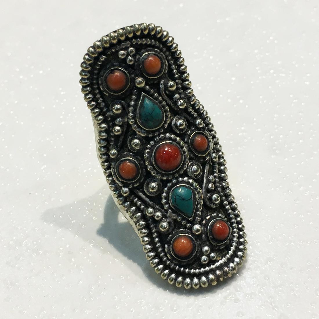 Tibetan Turquoise Hand Carved Antique Old Ring - 9.5MM (1 of 2)