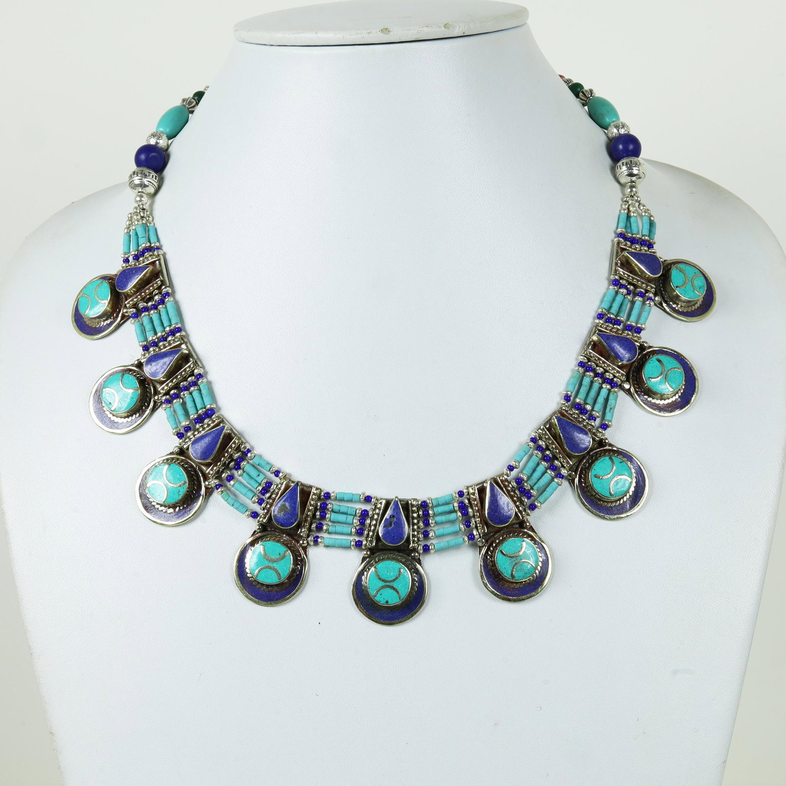 Natural Turquoise & Lapis Handmade Chokar Boho Necklace: Tibet Natural Stone Hand Made Turquoise, Coral & Lapis Necklace......This elegant Necklace was handcrafted in Tibet, the home of exquisite jewelry craftsmanship. It was skillfully made with large natu
