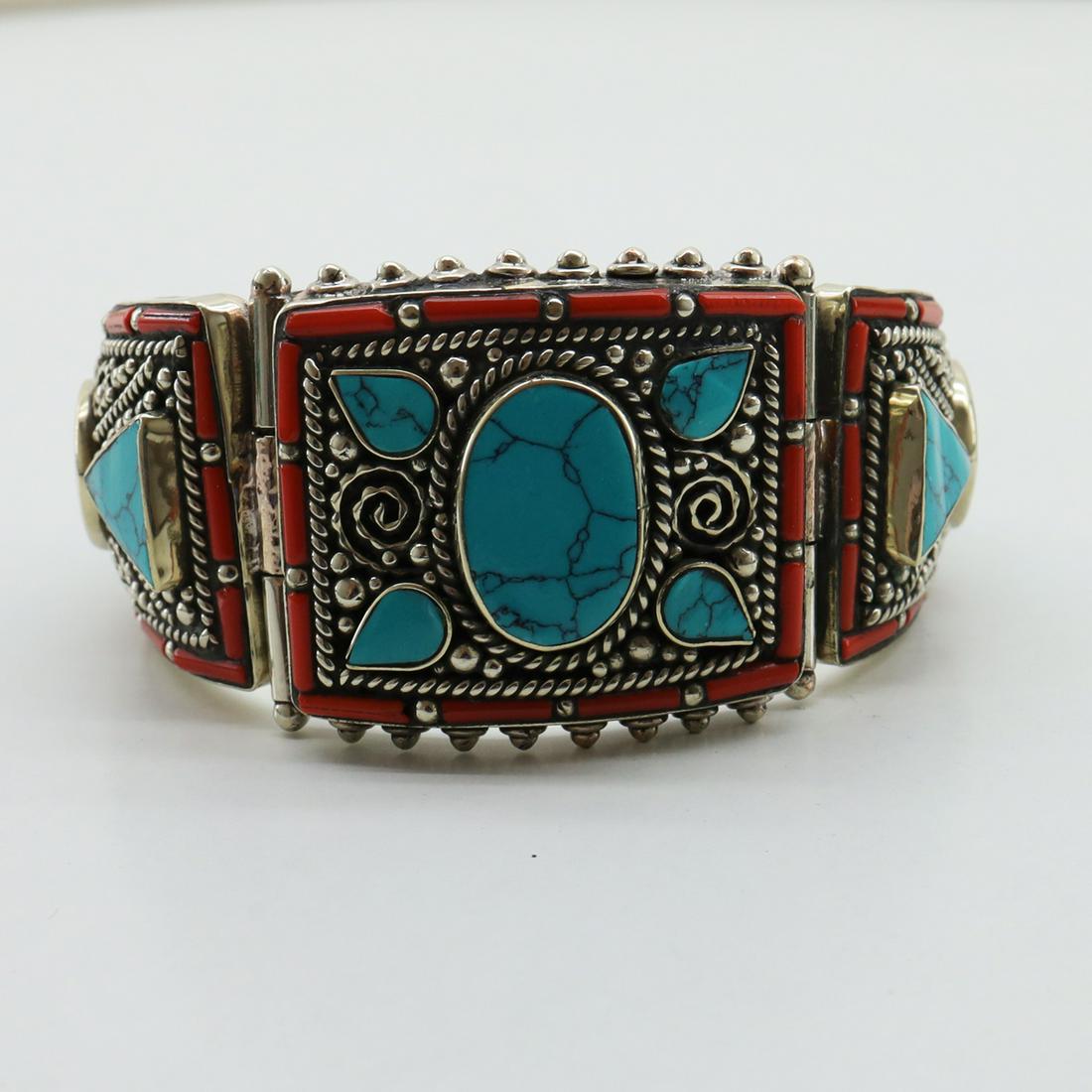 Turquoise Handmade Tibetan Silver Hand-Carved Bangle (1 of 4)