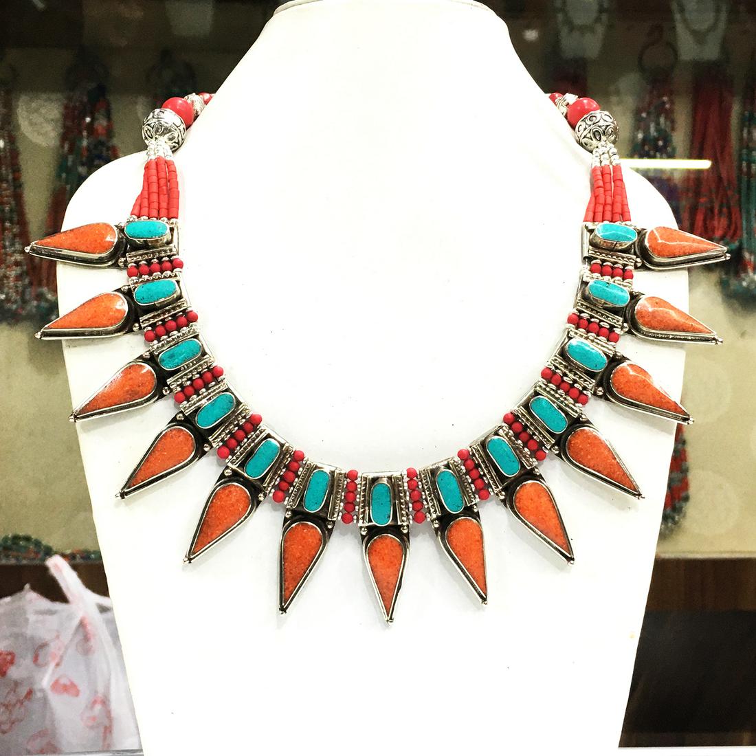 Tibetan Natural Turquoise & Coral Handmade Chokar: Tibet Natural Stone Hand Made Turquoise, Coral & Lapis Necklace......This elegant Necklace was handcrafted in Tibet, the home of exquisite jewelry craftsmanship. It was skillfully made with large natu