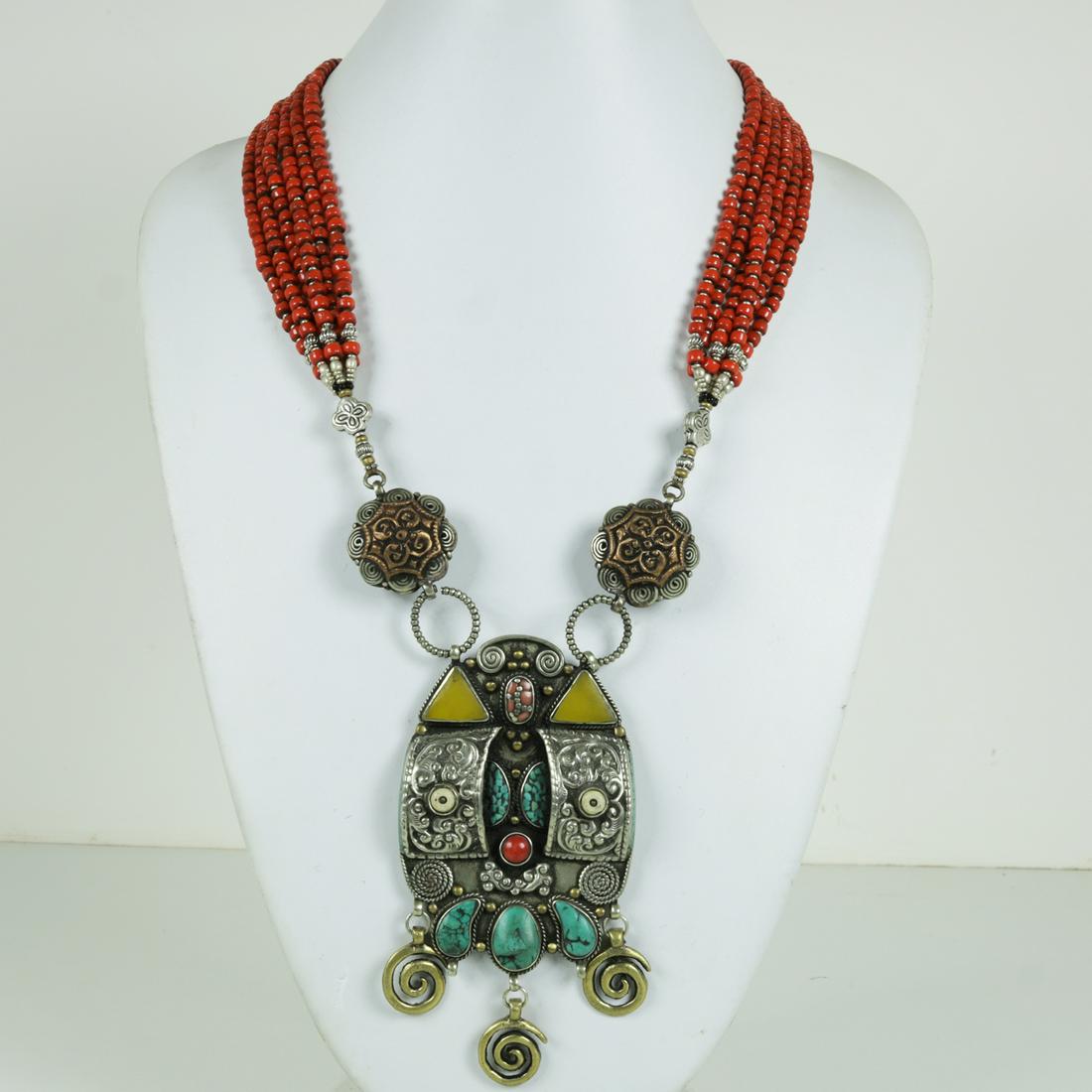 Tibetan Old Lapis & Coral Hand Carved Antique Necklace (1 of 5)