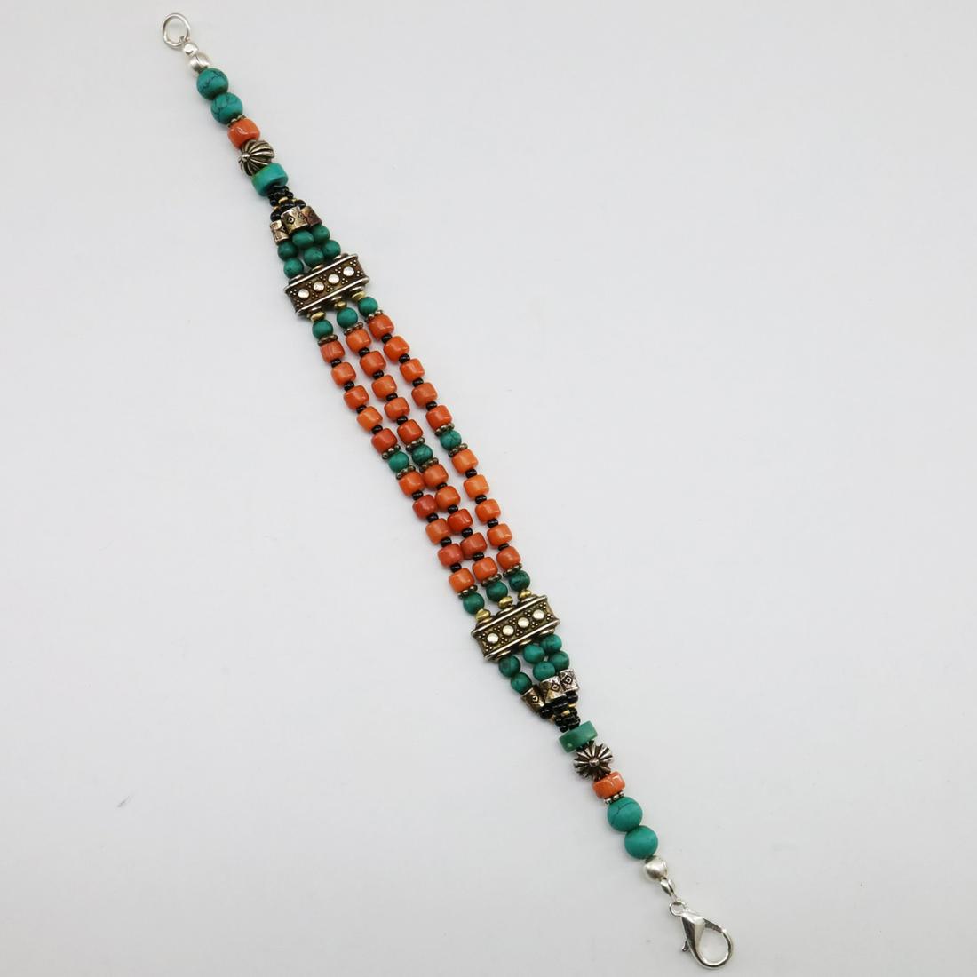 Tibetan Old Taiwani Coral Handmade Beaded Bracelet: Tibet Natural Stone Hand Made Turquoise, Coral & Lapis Bracelet......This elegant Bracelet was handcrafted in Tibet, the home of exquisite jewelry craftsmanship. It was skillfully made with large natu