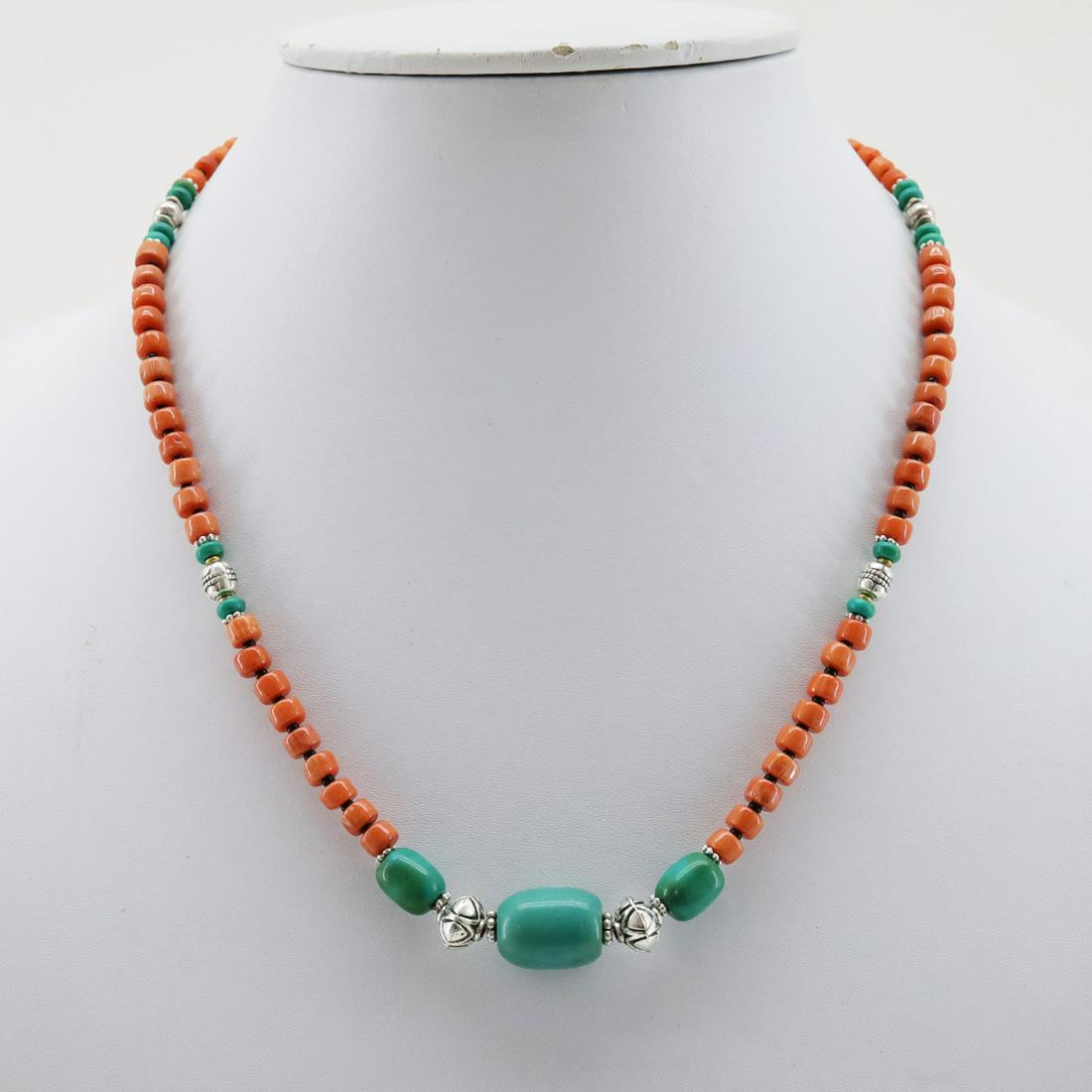 Natural Old Taiwani Coral Beaded Necklace: Natural Old Taiwani Coral NecklaceWeight: 20 Gram ApproxGemstones: Natural Turquoise & CoralGemstone Orgin: Coral from Taiwan & Turquoise from AfghanistanBrand: HandmadeNecklace Length: 18” ApproxCo