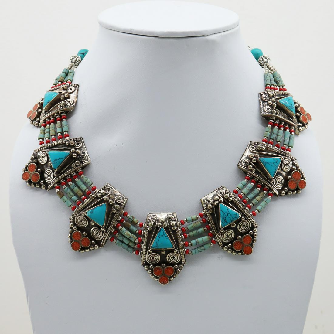 Tibetan Turquoise & Coral Handmade Ethnic Necklace: Tibet Natural Stone Hand Made Turquoise, Coral & Lapis Necklace......This elegant Necklace was handcrafted in Tibet, the home of exquisite jewelry craftsmanship. It was skillfully made with large natu