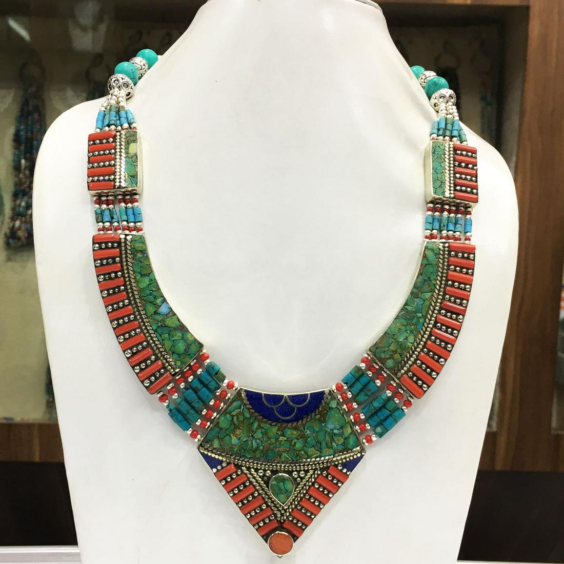 Tibetan Turquoise & Coral Handmade Chokar Necklace: Tibet Natural Stone Hand Made Turquoise, Coral & Lapis Necklace......This elegant Necklace was handcrafted in Tibet, the home of exquisite jewelry craftsmanship. It was skillfully made with large natu