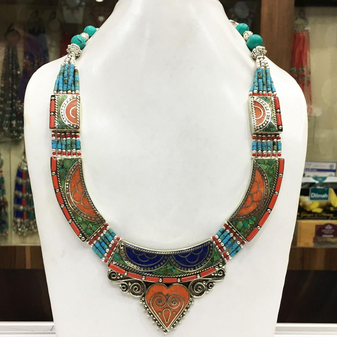 Natural Turquoise & Coral Handmade Ethnic Necklace: Tibet Natural Stone Hand Made Turquoise, Coral & Lapis Necklace......This elegant Necklace was handcrafted in Tibet, the home of exquisite jewelry craftsmanship. It was skillfully made with large natu
