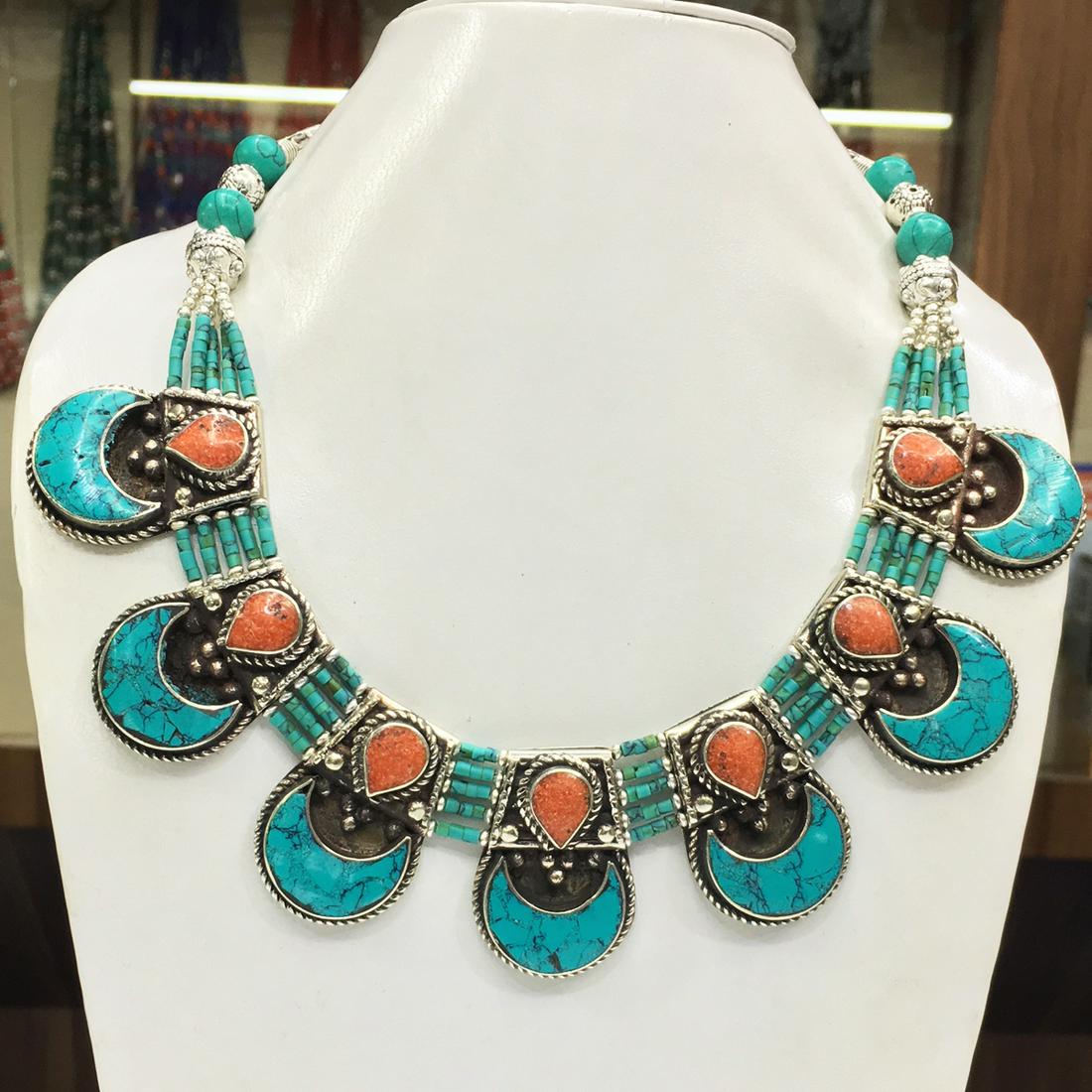 Natural Turquoise & Coral Handmade Ethnic Necklace: Tibet Natural Stone Hand Made Turquoise, Coral & Lapis Necklace......This elegant Necklace was handcrafted in Tibet, the home of exquisite jewelry craftsmanship. It was skillfully made with large natu