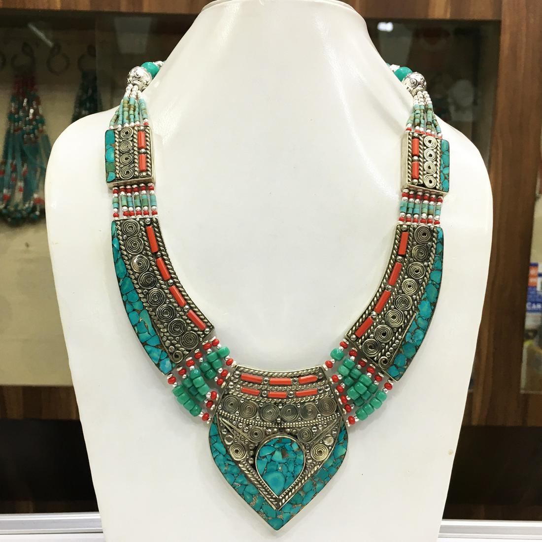 Tibetan Natural Turquoise Handmade Chokar Necklace: Tibet Natural Stone Hand Made Turquoise, Coral & Lapis Necklace......This elegant Necklace was handcrafted in Tibet, the home of exquisite jewelry craftsmanship. It was skillfully made with large natu