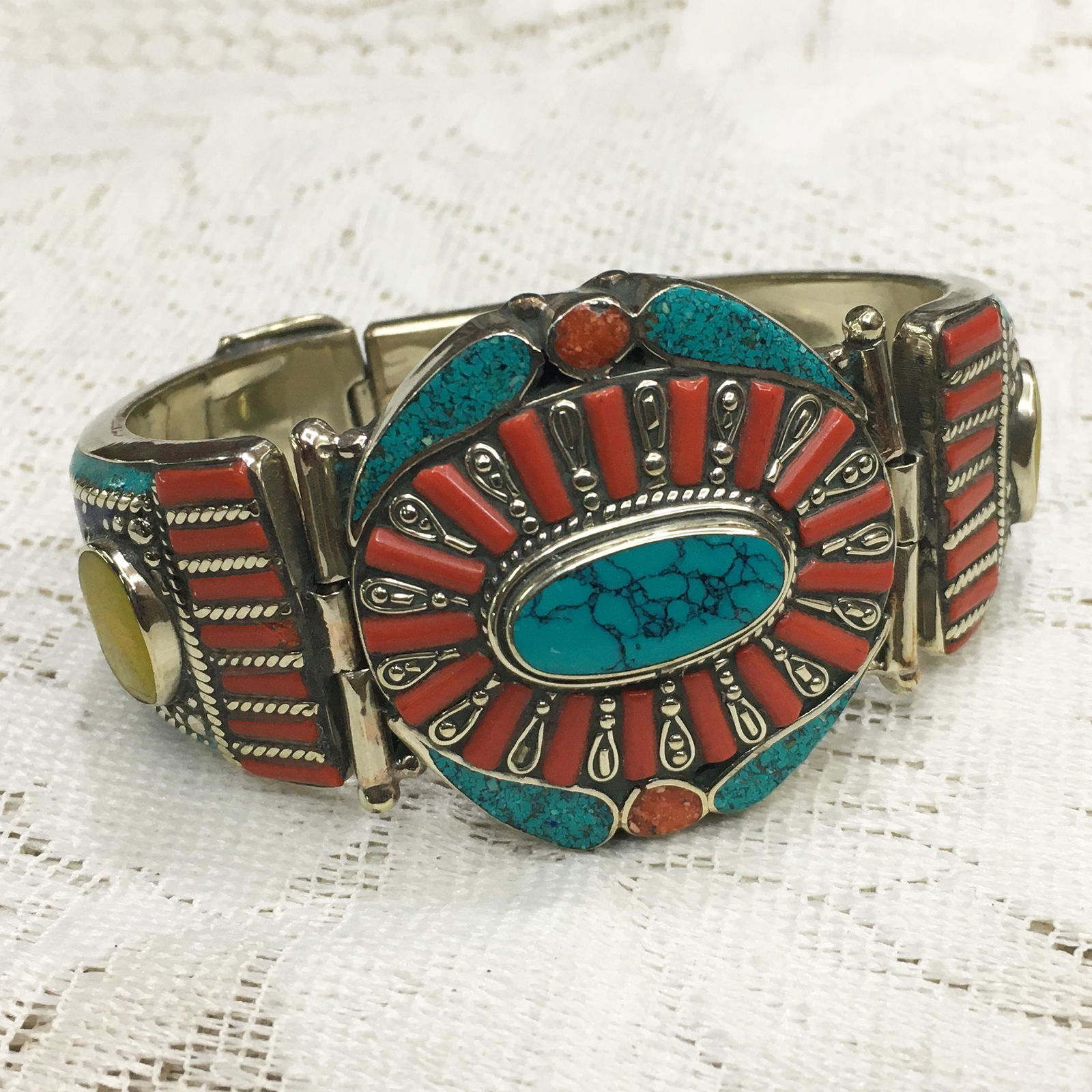 Turquoise & Coral Tibetan Ethnic Handmade Bangle (1 of 3)