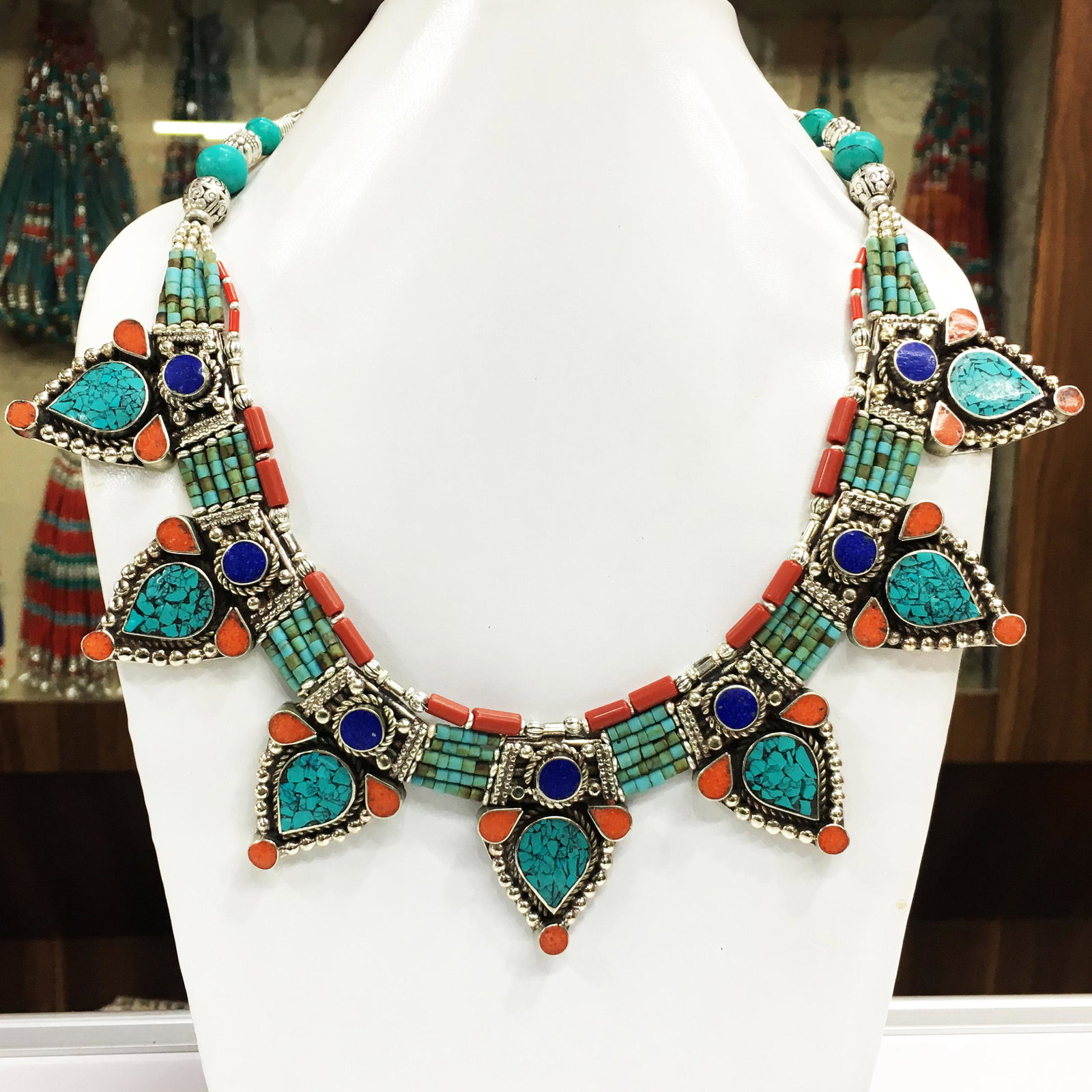 Tibetan Turquoise & Coral Handmade Chokar Necklace: Tibet Natural Stone Hand Made Turquoise, Coral & Lapis Necklace......This elegant Necklace was handcrafted in Tibet, the home of exquisite jewelry craftsmanship. It was skillfully made with large natu