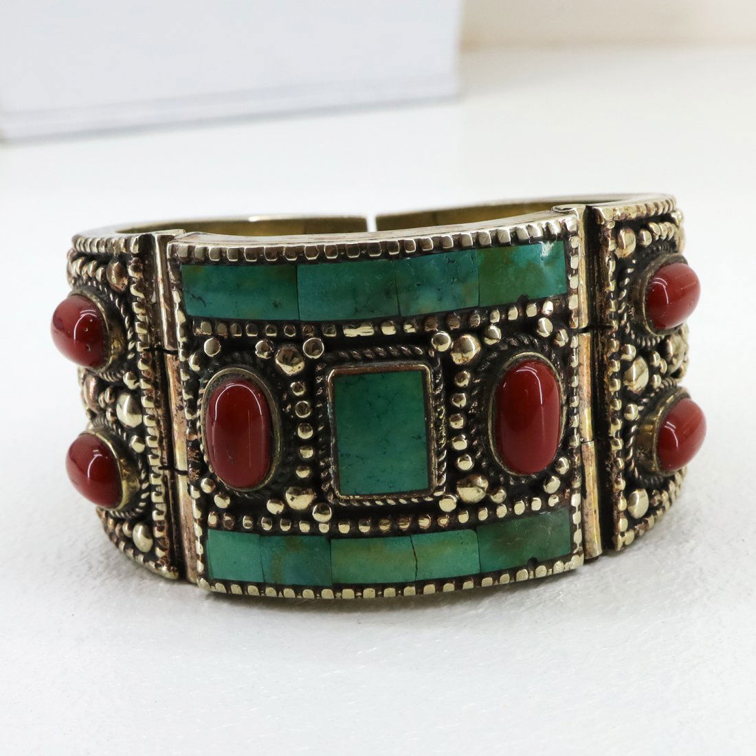 Hand-Carved Turquoise & Coral Handmade Old Bangle (1 of 6)