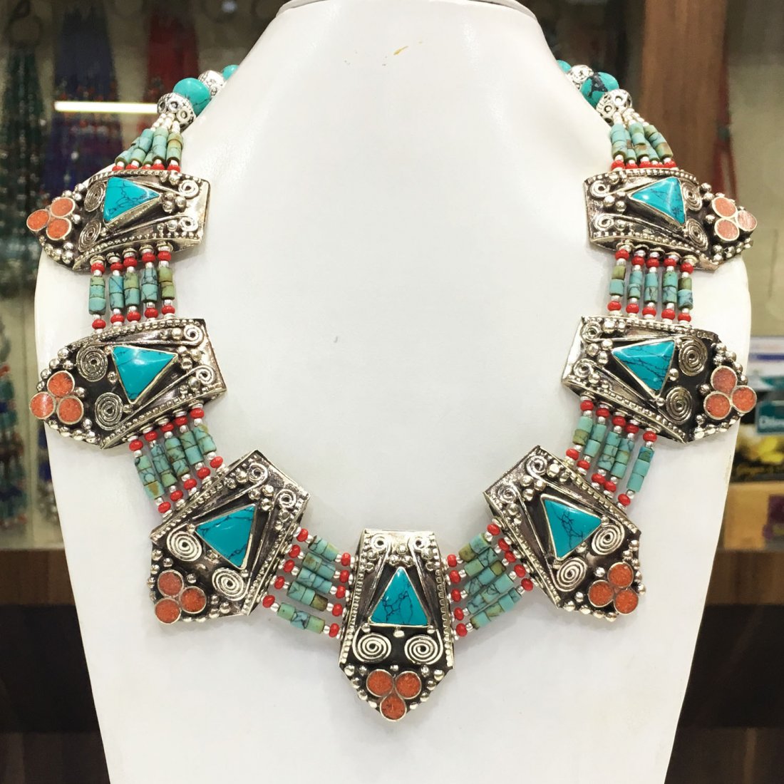 Tibetan Natural Turquoise Handmade Chokar Necklace: Tibet Natural Stone Hand Made Turquoise, Coral & Lapis Necklace......This elegant Necklace was handcrafted in Tibet, the home of exquisite jewelry craftsmanship. It was skillfully made with large natu