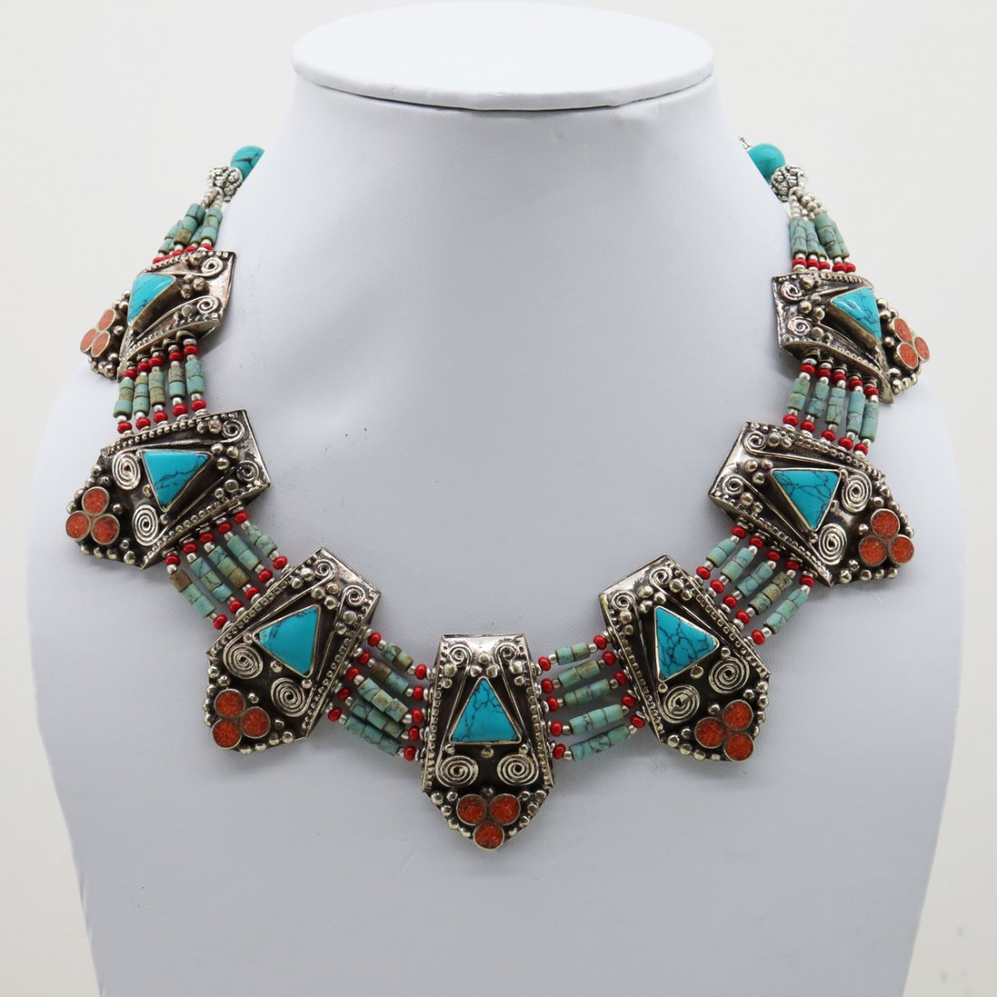 Tibetan Turquoise & Coral Handmade Ethnic Necklace: Tibet Natural Stone Hand Made Turquoise, Coral & Lapis Necklace......This elegant Necklace was handcrafted in Tibet, the home of exquisite jewelry craftsmanship. It was skillfully made with large natu