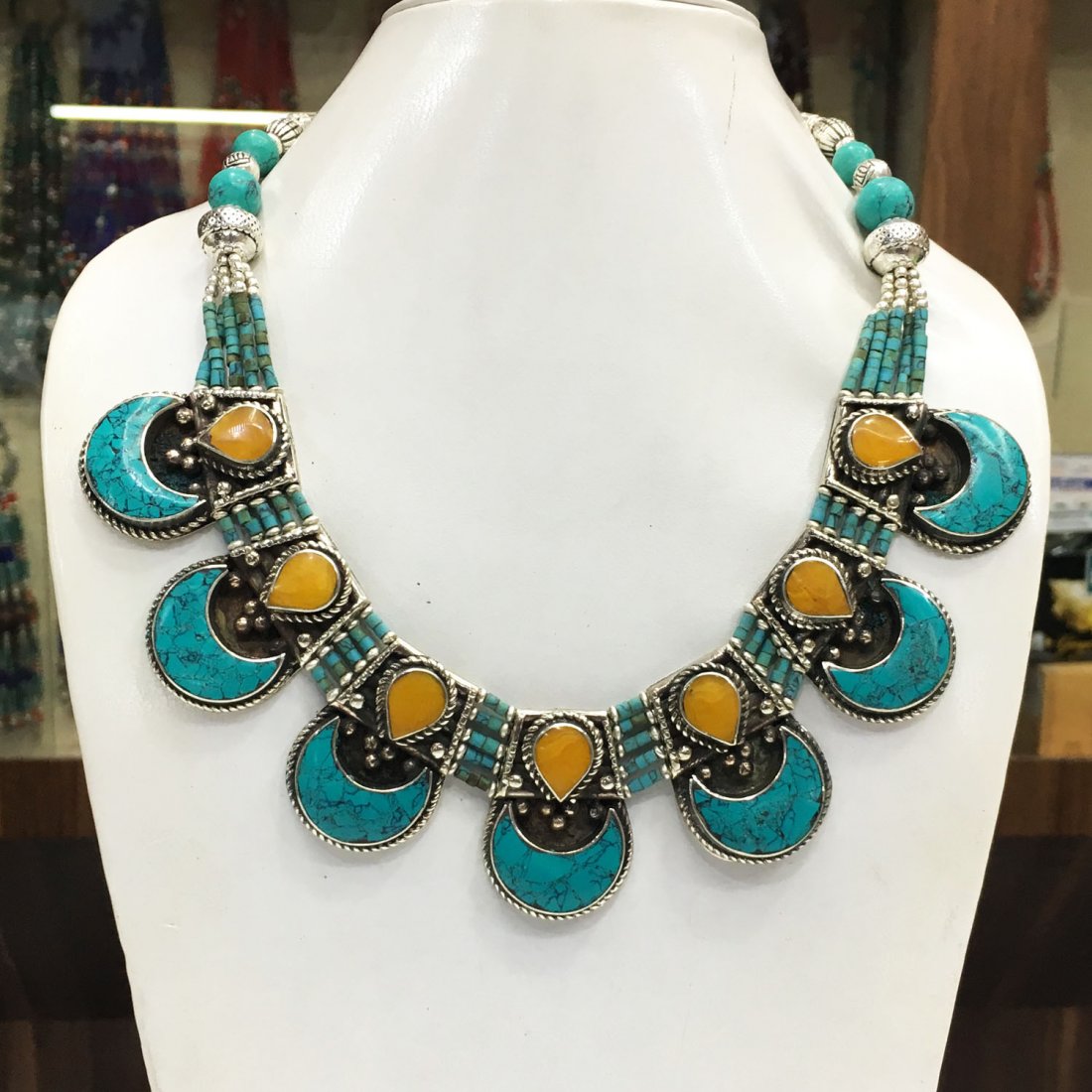 Tibetan Turquoise & Amber Handmade Ethnic Necklace: Tibet Natural Stone Hand Made Turquoise, Coral & Lapis Necklace......This elegant Necklace was handcrafted in Tibet, the home of exquisite jewelry craftsmanship. It was skillfully made with large natu