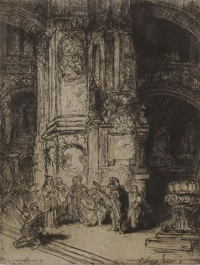 Willem Linnig, "In the Cathedral": Willem Linnig,"In der Kathedrale" (1842 - 1890), Radierung/Papier, unten rechts in der Platte bezeichnet, 2. Hälfte 19. Jh., guter Zustand, Darstellung 28 x 23 cm (HxB), Passepartout, hinter Glas