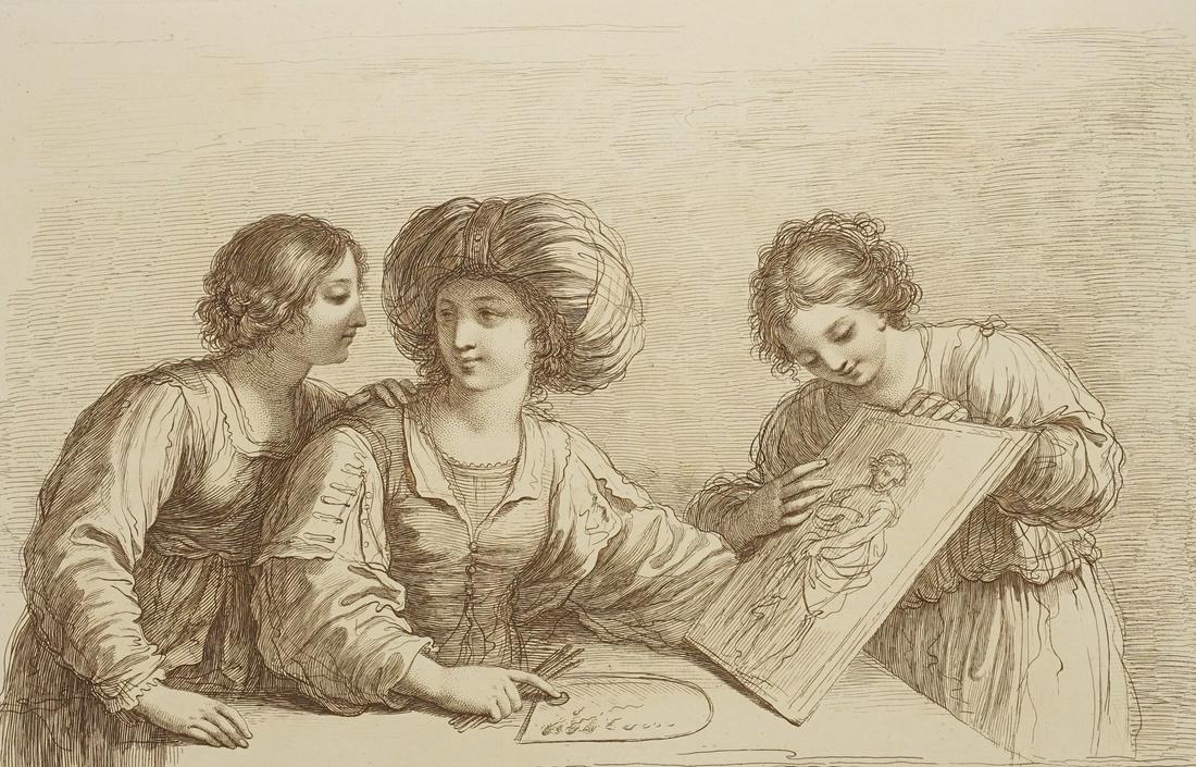 Francesco Bartolozzi, "The art of drawing": Francesco Bartolozzi,"Die Zeichenkunst" (1727 Florenz - 1815 Lissabon), Radierung/Papier, nach einer Zeichnung von Guercino, guter Zustand, Darstellung 26 x 40 cm (HxB), Passepartout, Gesamtmaß 4