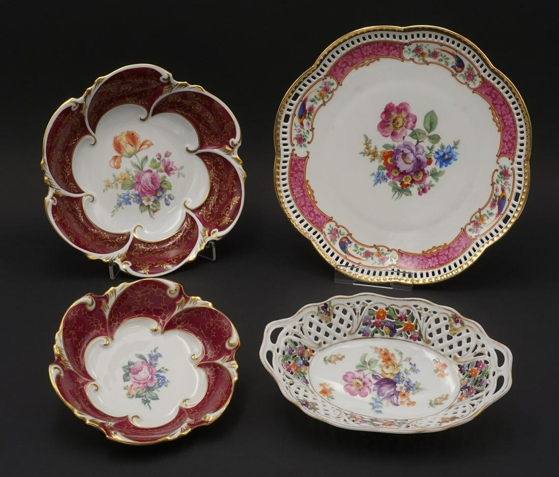 Vier Schalen: Blumendekore Goldstaffage altersgemäß guter Zustand im Boden germarkt große Schale Graf von Henneberg Porzellan 45 x 20 cm (HxD) Schale mit durchbrochenem Rand Bavaria Po