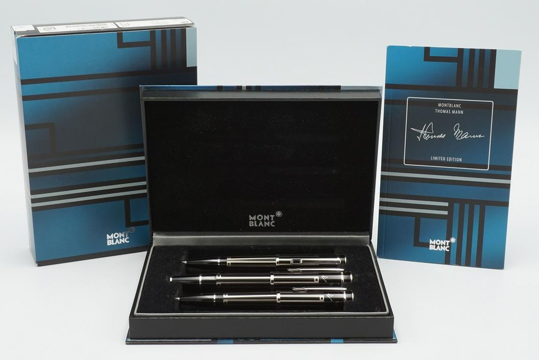 Montblanc Set Limited Edition "Thomas Mann": aufgelegt 2009 auf 3.000 Stück limitiert bestehend aus Füller Kugelschreiber und Drehbleistift schwarzes Edelharz mit platinierten Intarsien Feder 750/- Gelbgold rhodiniert mit dem Buddenbro