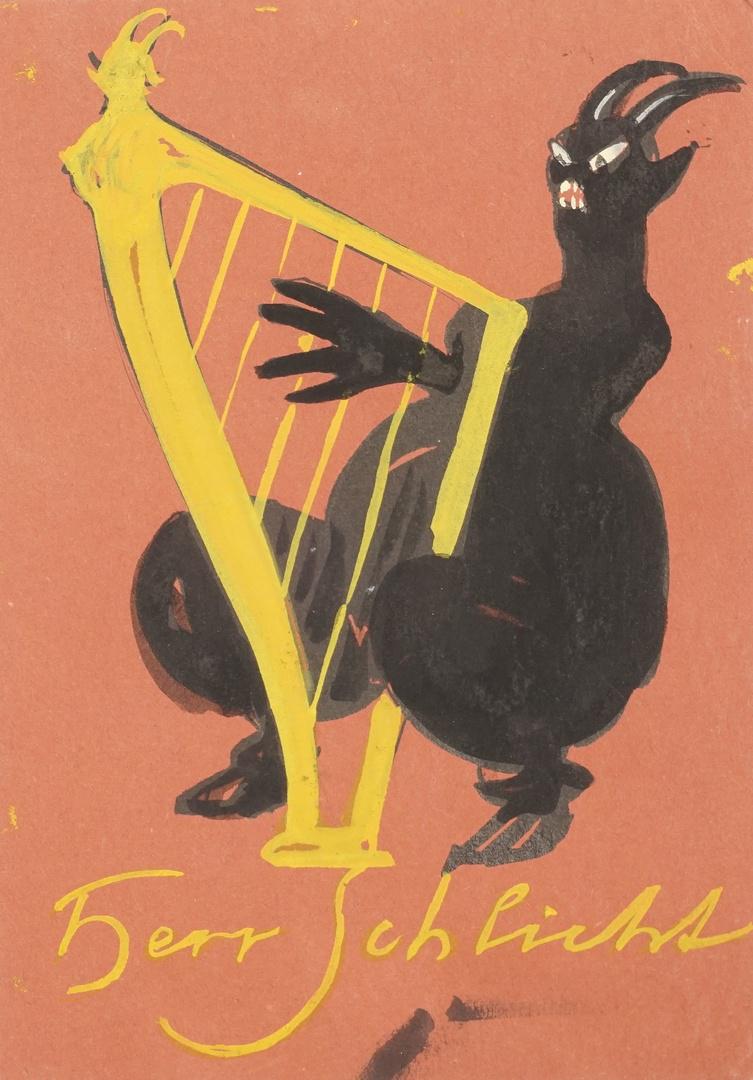 Georg Erler Zuschreibung Karikatur "Herr Schlicht": (1871 - 1951) Tempera/Papier unsigniert 1. Hälfte 20. Jh. von fremder Hand bezeichnet Darstellung eines Harfe spielenden Teufels guter Zustand Darstellung 17 x 12 cm (HxB