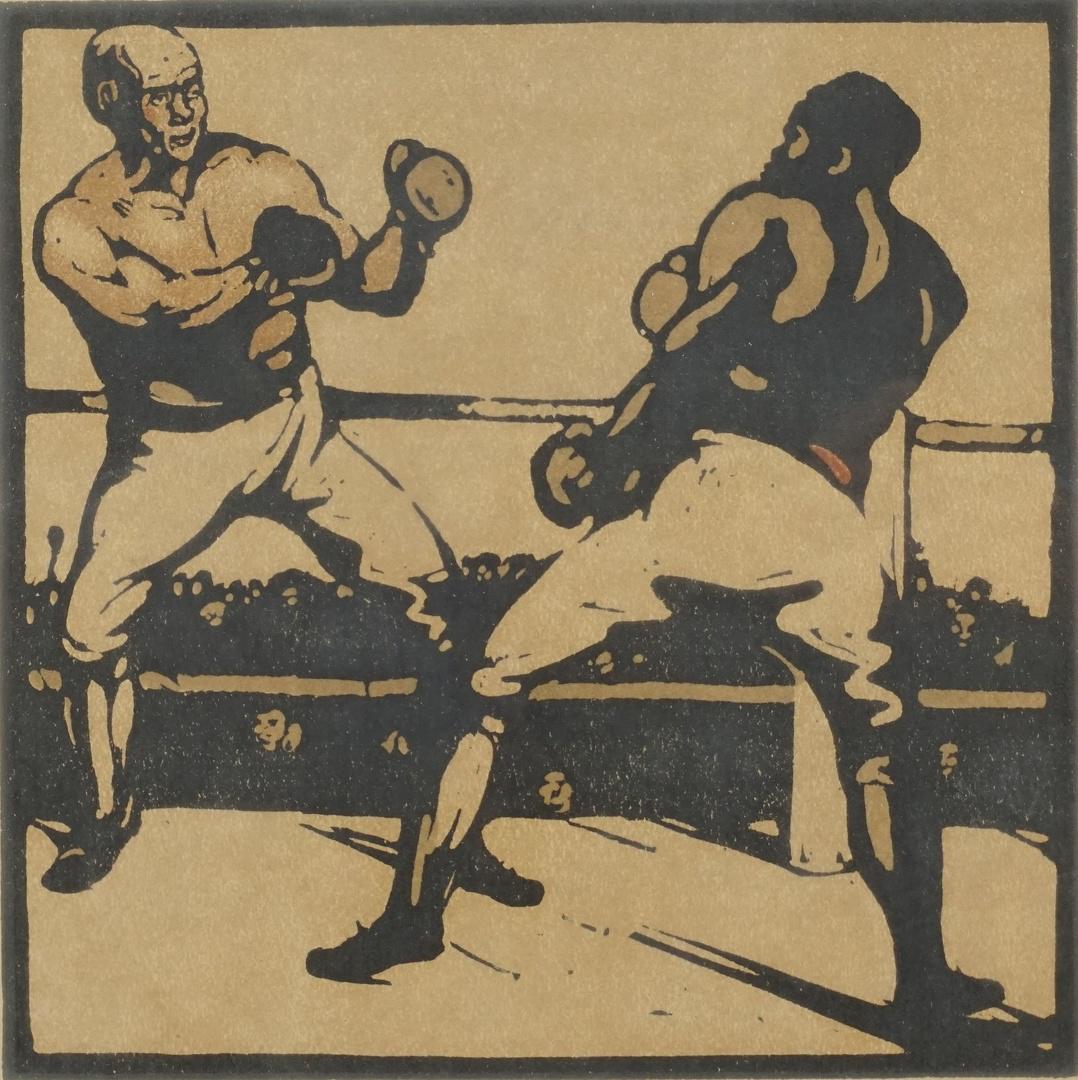 William Nicholson "Boxing (Boxsport)": britischer Maler Grafiker und Illustrator (1872 Newark-on-Trent - 1949 Blewbury) Farbholzschnitt/Papier unsigniert 1898 Zwei Sportler im Boxkampf Monatsblatt "November" aus dem "Almanac of t