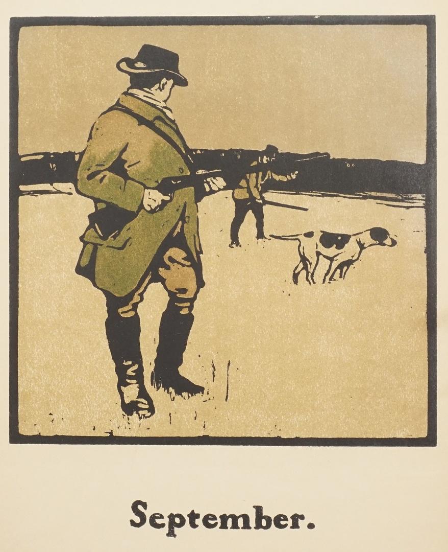 William Nicholson "September (Shooting / Jagdsport)": britischer Maler Grafiker und Illustrator (1872 Newark-on-Trent - 1949 Blewbury) Farbholzschnitt/Papier unsigniert 1898 bezeichnet Zwei Gentlemen mit Hund bei der Jagd Monatsblatt "September