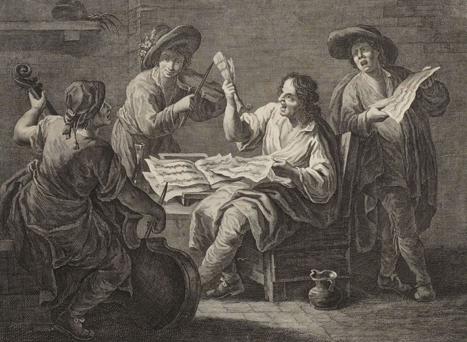 Francesco del Pedro, "Die unstimmigen Musikanten": (1740 - 1806), Kupferstich/Büttenpapier, unten rechts in der Platte bezeichnet, um 1770, im Blatt bezeichnet, Genreszene mit allegorischem Charakter nach Francesco Maggiotto, unterhalb