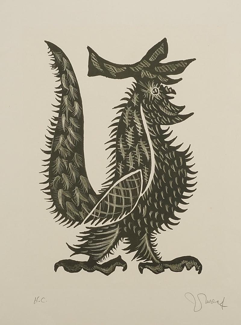 Jean Lurçat (1892-1966), The rooster: Lithograph over colored ground on paper, signed lower right, around 1950, inscribed "H.C." (sheet out of art trade), rooster pointing to the right with indicated feathers, good condition, creased, sli