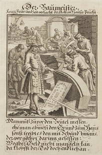 Johann Christoph Weigel (1661-1726), "Der Baumeister" (The Builder): Copperplate engraving on paper, unsigned, 1711, titled above the image and caption below, from: Abraham à Sancta Clara (i.e. Ulrich Megerle), Würzburg 1711, good age-appropriate condition, s