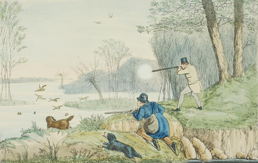 Henry Thomas Alken (1785-1851), "Flapper Shooting": colored aquatint etching on paper, 1842, titled below the depiction, two men hunting ducks accompanied by two dogs at the Great Lake in the Park, from: J.Ch. Apperley/Nimrod, The life of a sportsman,