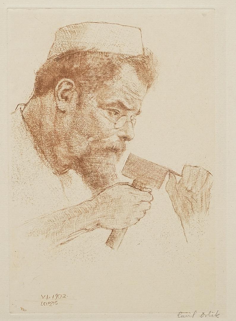 Emil Orlik (1870-1932), "Klinger bei der Arbeit" (Max Klinger at work): etching in red chalk with roulette on paper, signed lower right, dated "VI 1902" with place name "Leipzig" lower left in the plate, portrait of Max Klinger in his sculpting work with hammer and chisel