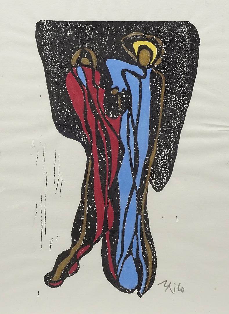 Thilo Maatsch (1900-1983), Figures in abstraction: colored woodcut on paper, signed lower right, 2nd half of the 20th century, abstract depiction of figures with haloes, colored in blue, red, yellow and gold, good condition, dusty, creases on the edge