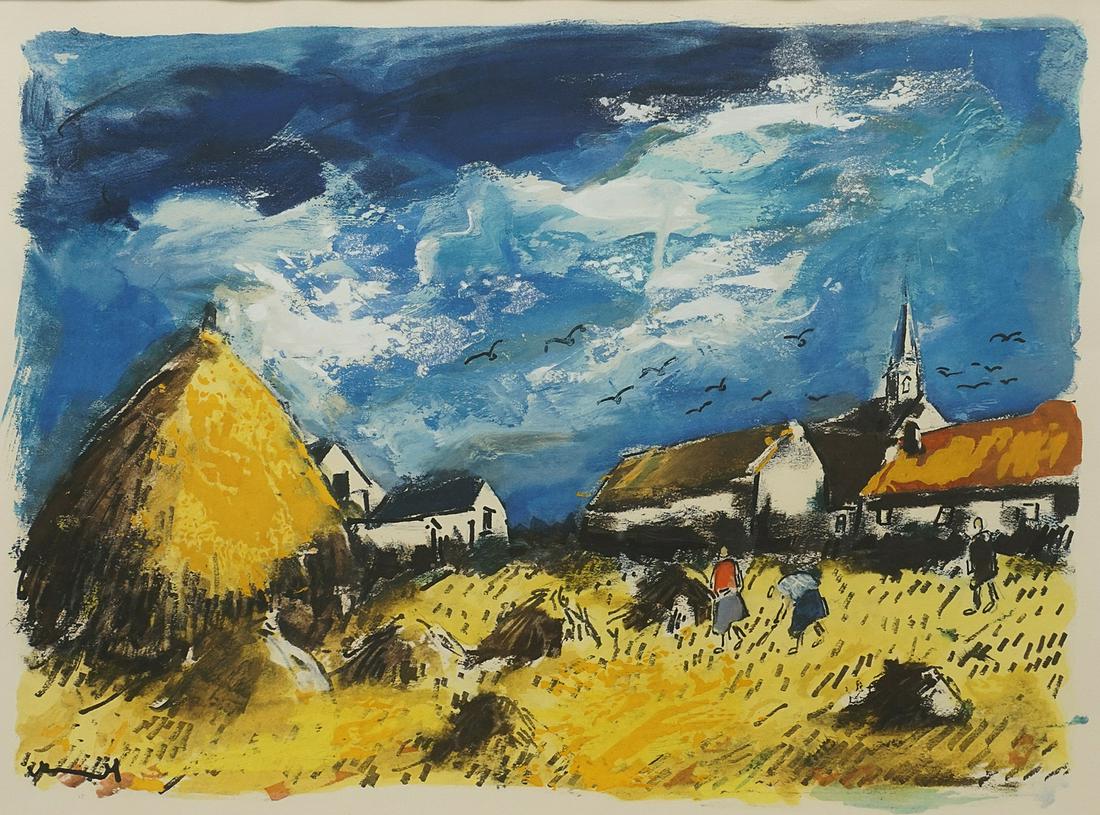 Maurice de Vlaminck (1876-1958), Summer in Fessanvilliers: color lithograph on paper, signed in the stone lower left, summer scene with haystacks in front of a village, from the folio volume: En noir et en couleur. Vlaminck auteur et illustrateur. Aux dé