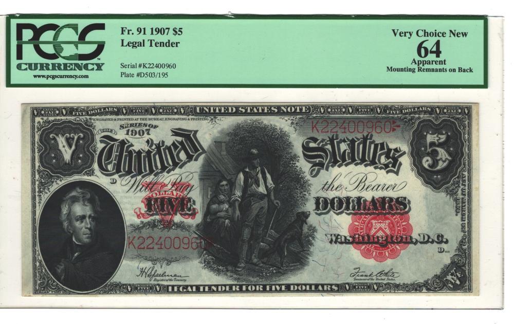 PCGS currency Fr. 91 1907 $5 Very Choice New 64 (1 of 3)